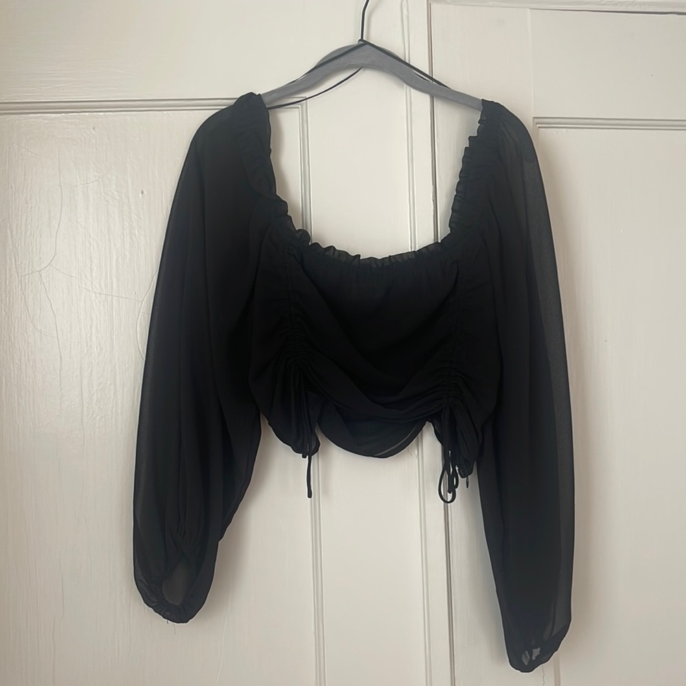 Black sheer crop top with ruching and adjustable ties